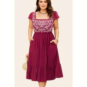 Plus Size 4X 26 Red BloomChic Comfy Printed Cotton Cap Sleeve Midi Dress Pockets